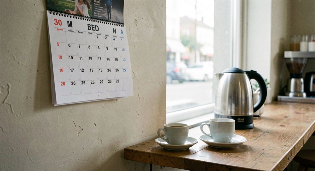 A wall calendar hanging above a cafe counter beside an electric kettle and two cups on a saucer, daylight from a window