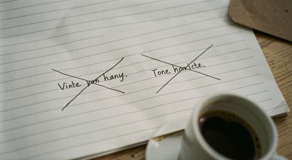 Two handwritten verse lines crossed out once each on lined paper, a cup of black coffee on a saucer at the corner of the page