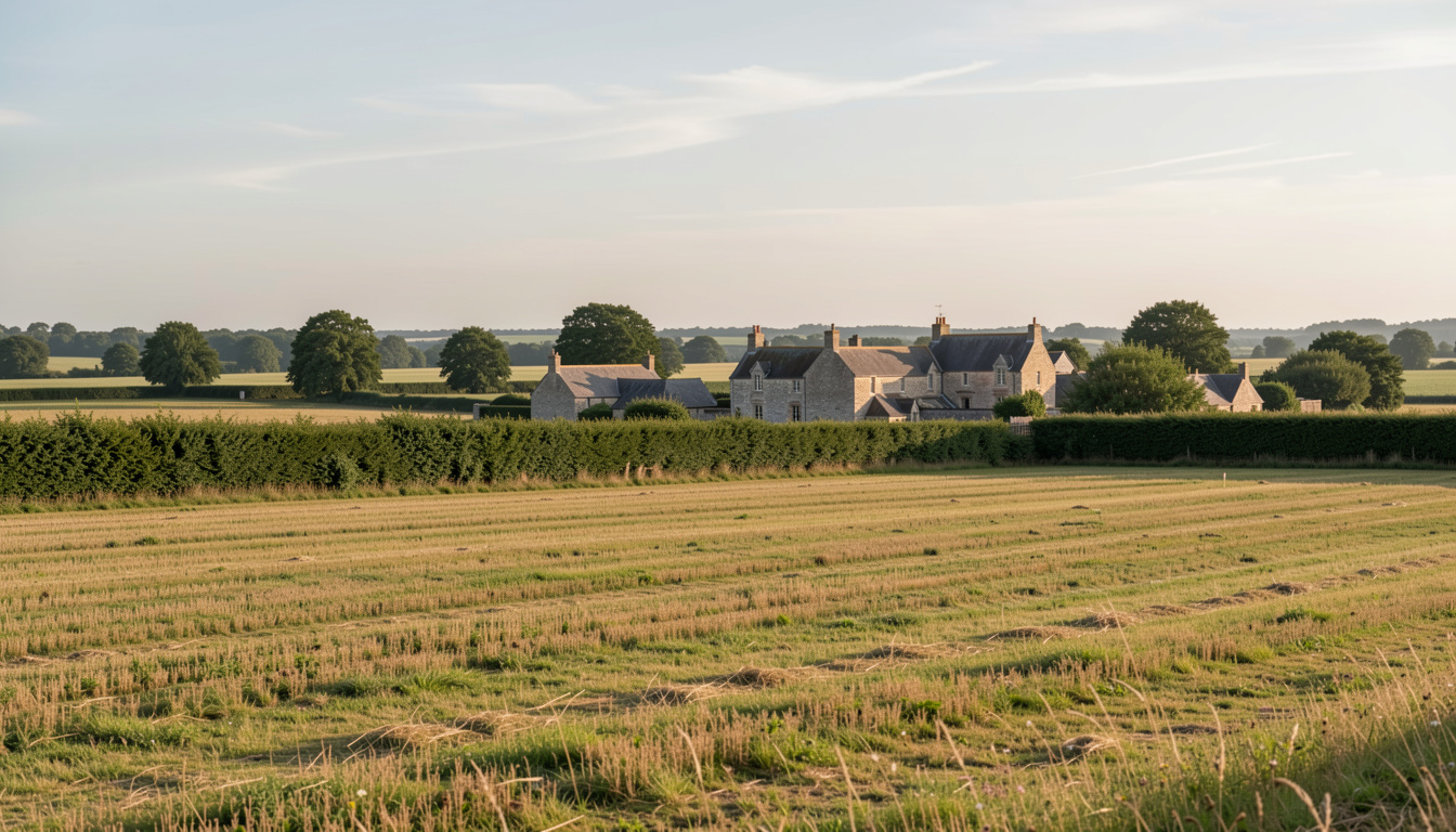 A stone hamlet in the Norman bocage at low morning sun, a mown meadow in the foreground and a hedge line behind, shot from a slight rise with the village small in the frame.