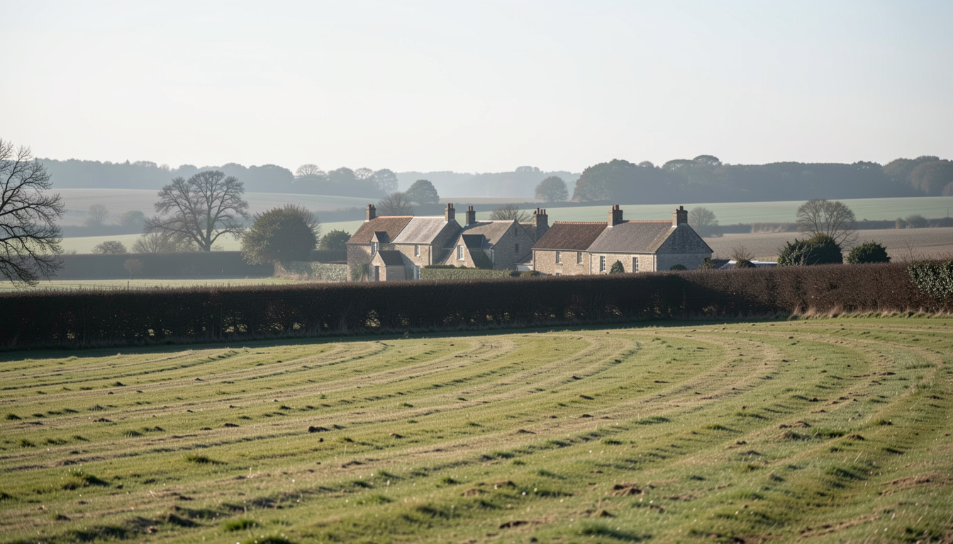 A stone hamlet in Normandy bocage at low morning light, a fauche meadow in front, hedge line dark against the field, wide framing from a slight rise.