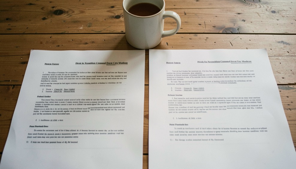 Two printed sheets of paper laid side by side on a wooden table, a mug at the top corner holding the first sheet down