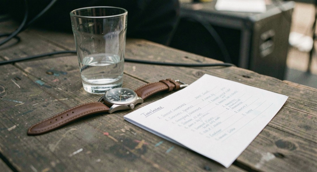 A wrist watch lying on a scarred wooden table beside a glass of water and a set list written by hand on a sheet of paper